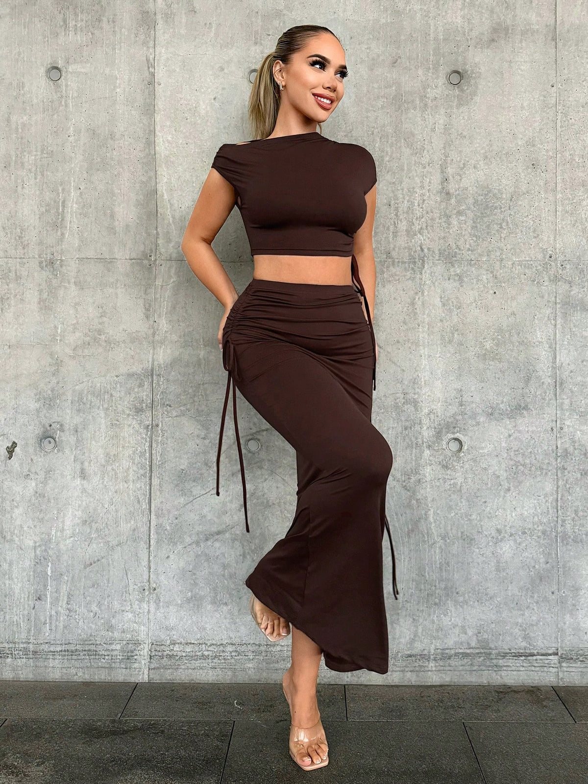 Solid Color Asymmetrical Collar Top And Skirt Set
