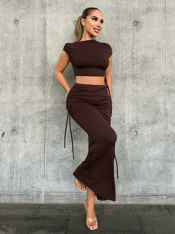 Solid Color Asymmetrical Collar Top And Skirt Set