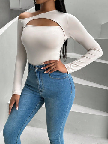 Solid Color Asymmetrical Neckline Hollow Out Bodysuit
