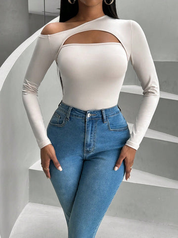 Solid Color Asymmetrical Neckline Hollow Out Bodysuit