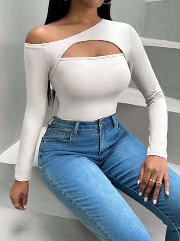 Solid Color Asymmetrical Neckline Hollow Out Bodysuit