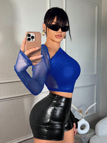 SXY Solid Color Asymmetrical Neckline Sheer Mesh Patchwork Ruched Long Sleeve Shirt