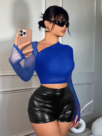 SXY Solid Color Asymmetrical Neckline Sheer Mesh Patchwork Ruched Long Sleeve Shirt