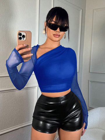 SXY Solid Color Asymmetrical Neckline Sheer Mesh Patchwork Ruched Long Sleeve Shirt