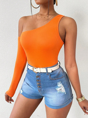 Solid Color Asymmetrical Neckline Slim Fit Bodysuit