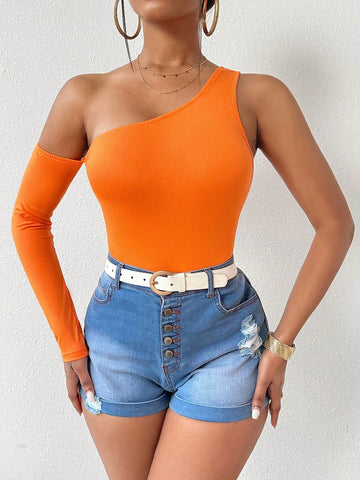 Solid Color Asymmetrical Neckline Slim Fit Bodysuit