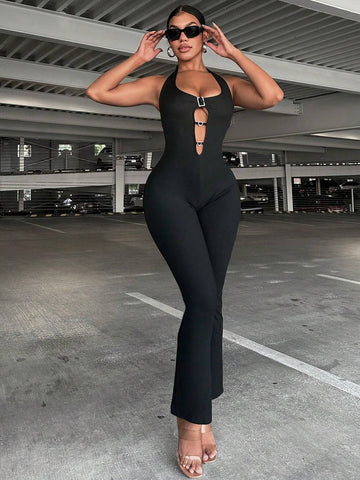 Solid Color Basic Cutout Jumpsuit For Daily Wear
