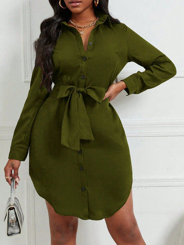 Solid Color Button Down Long Sleeve Dress
