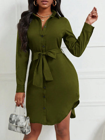Solid Color Button Down Long Sleeve Dress