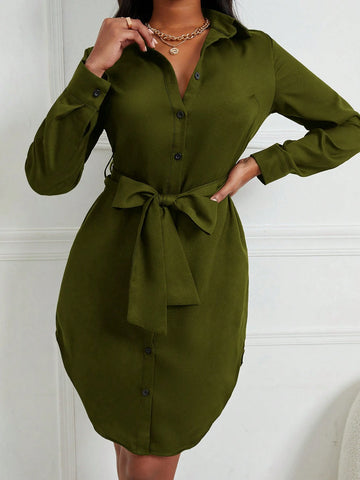 Solid Color Button Down Long Sleeve Dress
