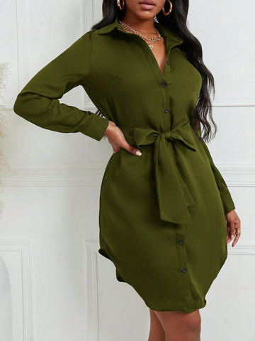 Solid Color Button Down Long Sleeve Dress