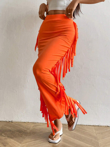 SXY Solid Color Fringe Decorated Summer Casual Tight Skirt