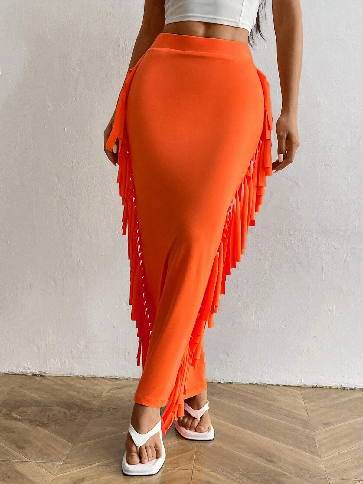 SXY Solid Color Fringe Decorated Summer Casual Tight Skirt