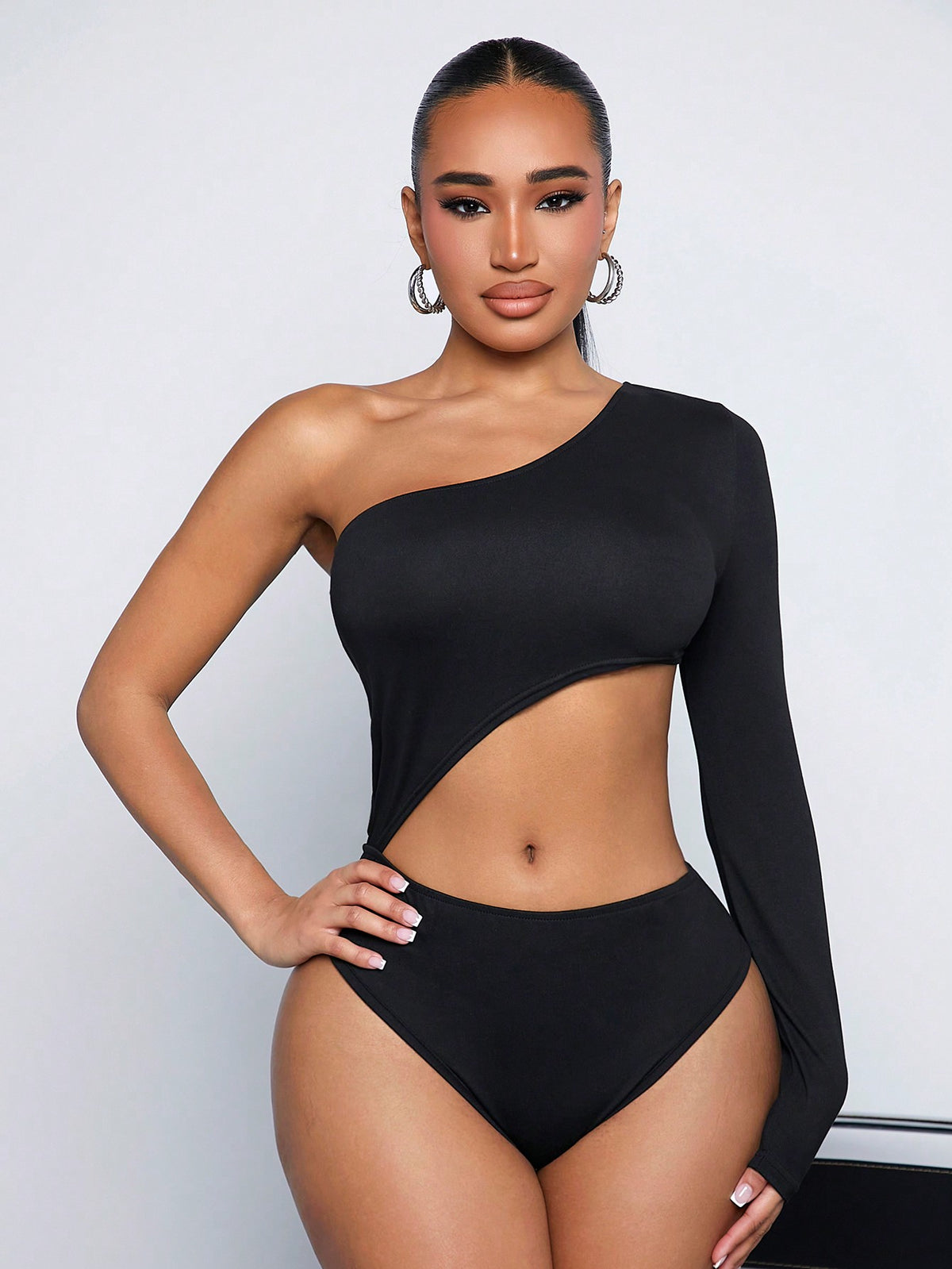 Solid Color Hollow Out Asymmetric Collar Bodysuit