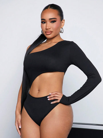Solid Color Hollow Out Asymmetric Collar Bodysuit