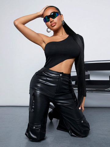 Solid Color Hollow Out Asymmetric Collar Bodysuit