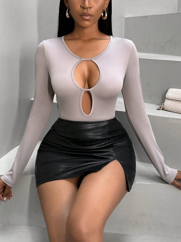 Solid Color Hollow Out Bodysuit