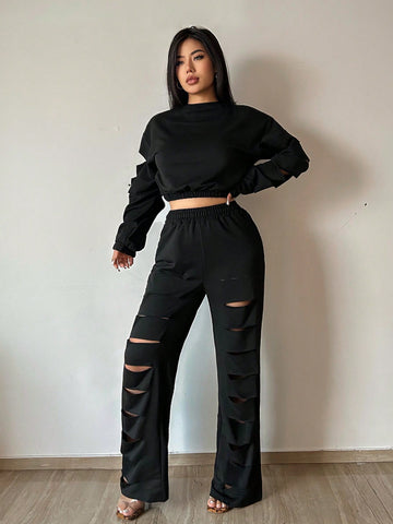 Solid Color Hollow Out Round Neck Two Piece Set
