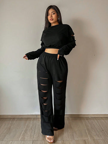 Solid Color Hollow Out Round Neck Two Piece Set