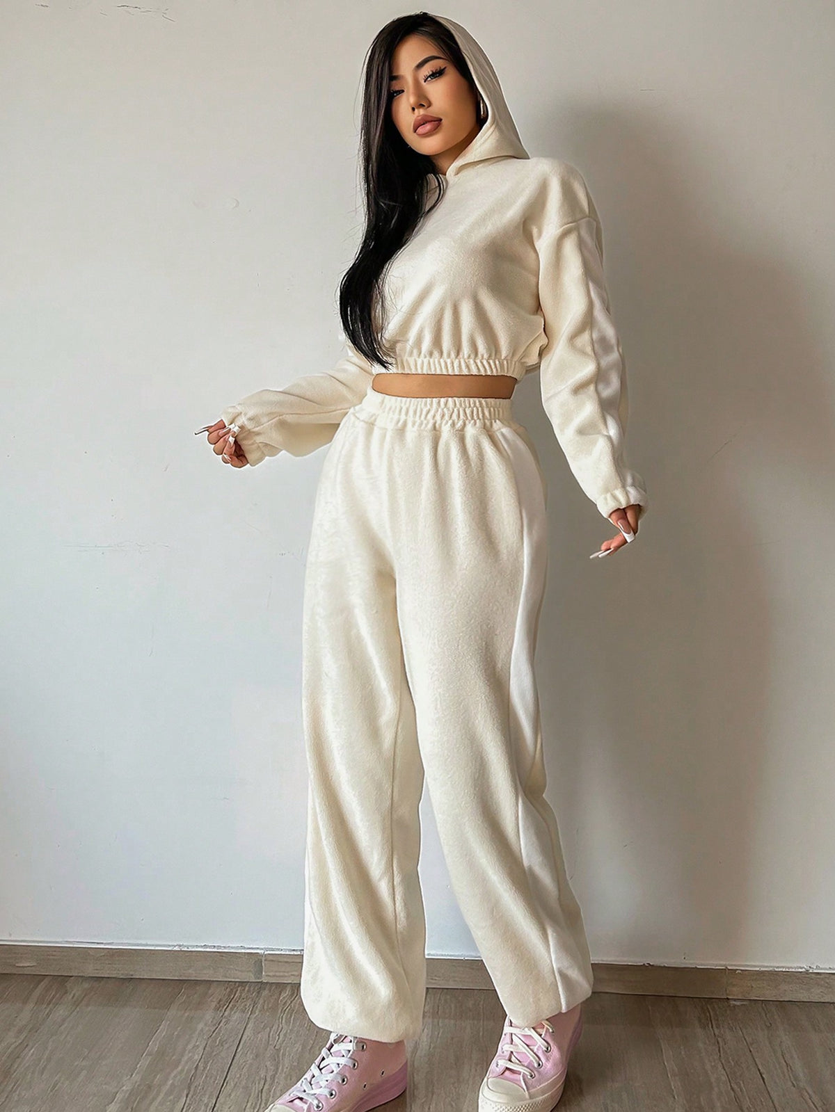 Solid Color Hooded Casual 2-piece Set
