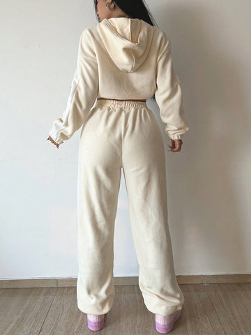 Solid Color Hooded Casual 2-piece Set