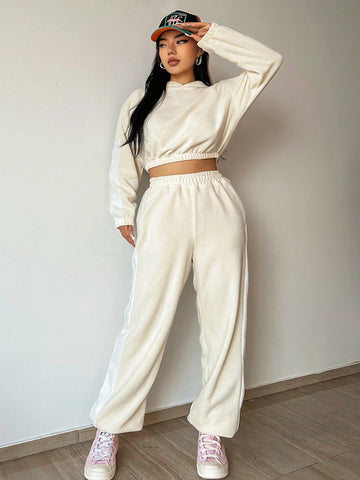Solid Color Hooded Casual 2-piece Set