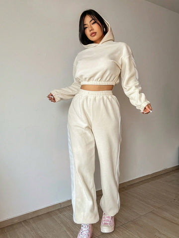 Solid Color Hooded Casual 2-piece Set