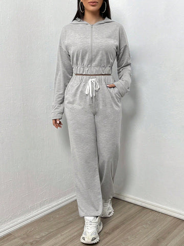 Solid Color Hooded Casual Two Piece Set