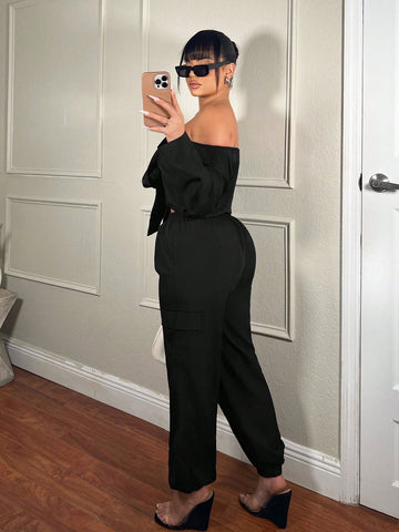 Solid Color Off-The-Shoulder Hollow Out Cargo Jumpsuit With Belt For Women