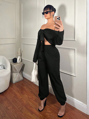 Solid Color Off-The-Shoulder Hollow Out Cargo Jumpsuit With Belt For Women