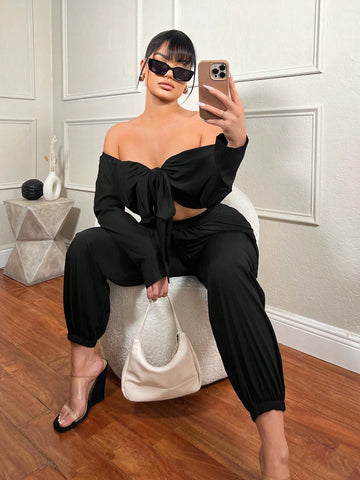 Solid Color Off-The-Shoulder Hollow Out Cargo Jumpsuit With Belt For Women