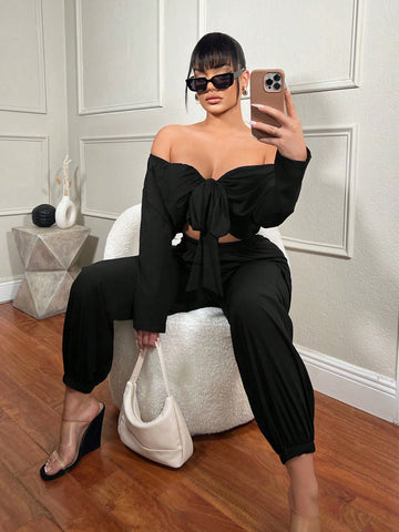 Solid Color Off-The-Shoulder Hollow Out Cargo Jumpsuit With Belt For Women