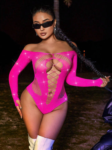 Solid Color Off Shoulder Hollow Out Bodysuit