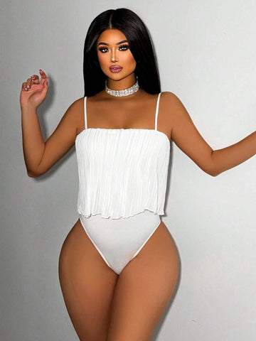 Solid Color Pleated Spliced Cami Bodysuit