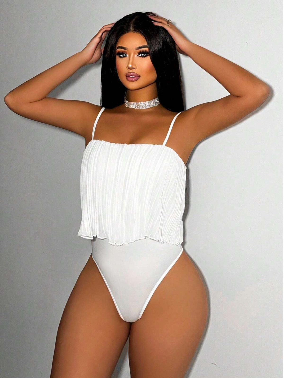 Solid Color Pleated Spliced Cami Bodysuit