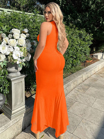 Solid Color Ribbed Sleeveless Mermaid Hem Dress