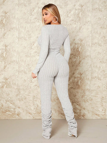 Solid Color Ribbed Square Neck Pleated Bodysuit