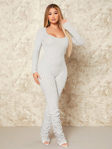 Solid Color Ribbed Square Neck Pleated Bodysuit