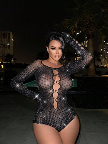 Solid Color Round Neck Hollow Out Rhinestone Embellished Long Sleeve Fashion Bodysuit