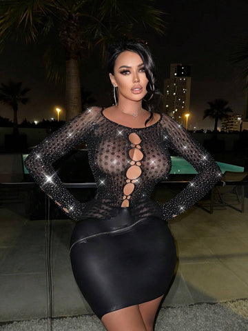 Solid Color Round Neck Hollow Out Rhinestone Embellished Long Sleeve Fashion Bodysuit