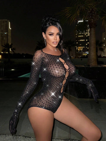 Solid Color Round Neck Hollow Out Rhinestone Embellished Long Sleeve Fashion Bodysuit