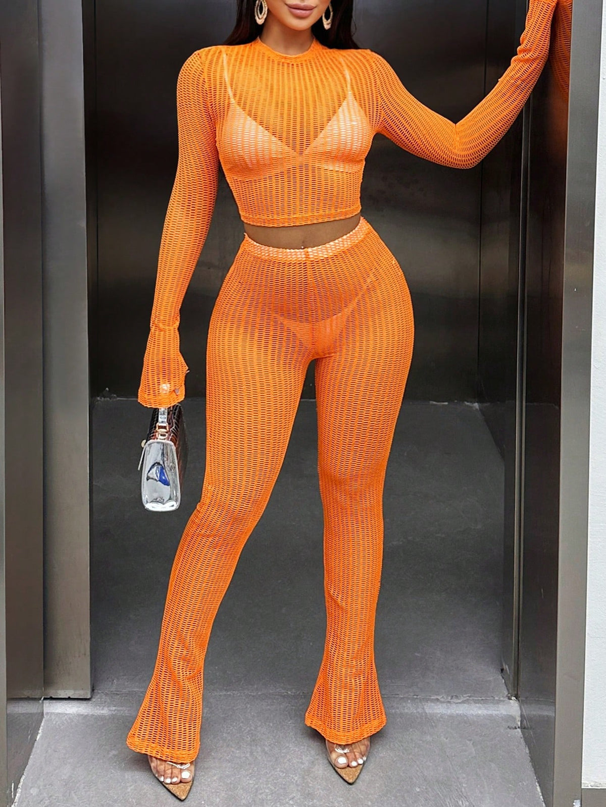 Solid Color See-Through Slim Fit Two Piece Set