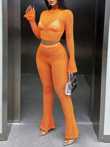 Solid Color See-Through Slim Fit Two Piece Set