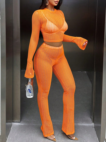 Solid Color See-Through Slim Fit Two Piece Set