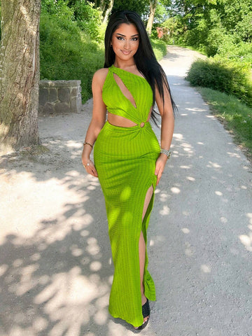 Solid Color Sleeveless Asymmetrical Neckline Hollow Out Slit Up To Thigh Sexy Bodycon Dress