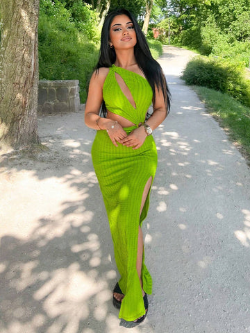 Solid Color Sleeveless Asymmetrical Neckline Hollow Out Slit Up To Thigh Sexy Bodycon Dress