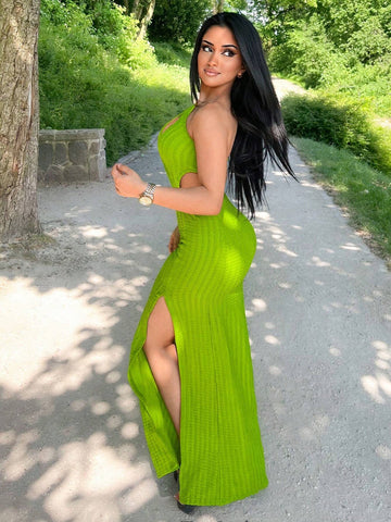 Solid Color Sleeveless Asymmetrical Neckline Hollow Out Slit Up To Thigh Sexy Bodycon Dress