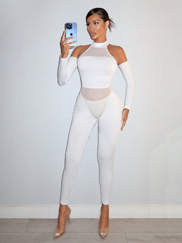 Solid Color Sleeveless Bodysuit With Mesh Panel And Attached Arm Sleeves