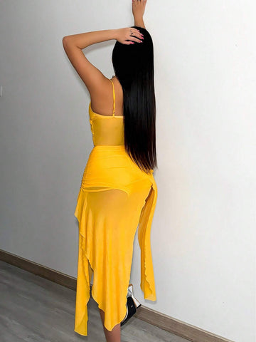 Solid Color Spaghetti Strap Top & Split Skirt Two Piece Set