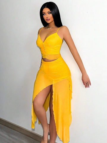 Solid Color Spaghetti Strap Top & Split Skirt Two Piece Set